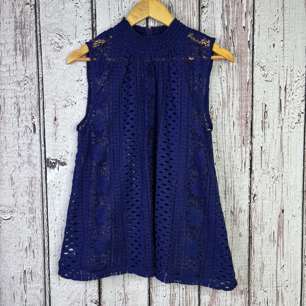 LOFT Sheer Lacy Sleeveless Blouse Tank Top Medium Bluish-Purple High Neckline